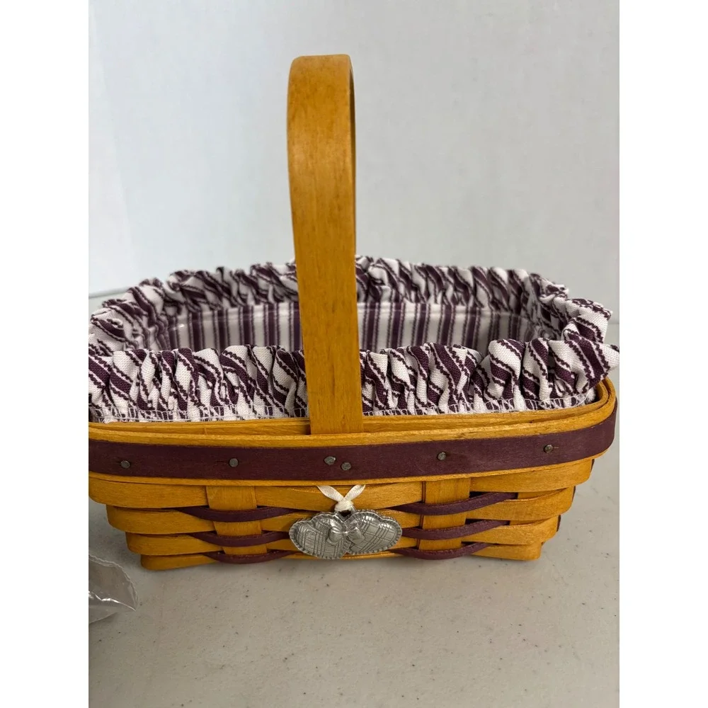 Longaberger Handwoven Basket‎ 1998 Burgundy Purple Ticking Liner Heart Charm USA